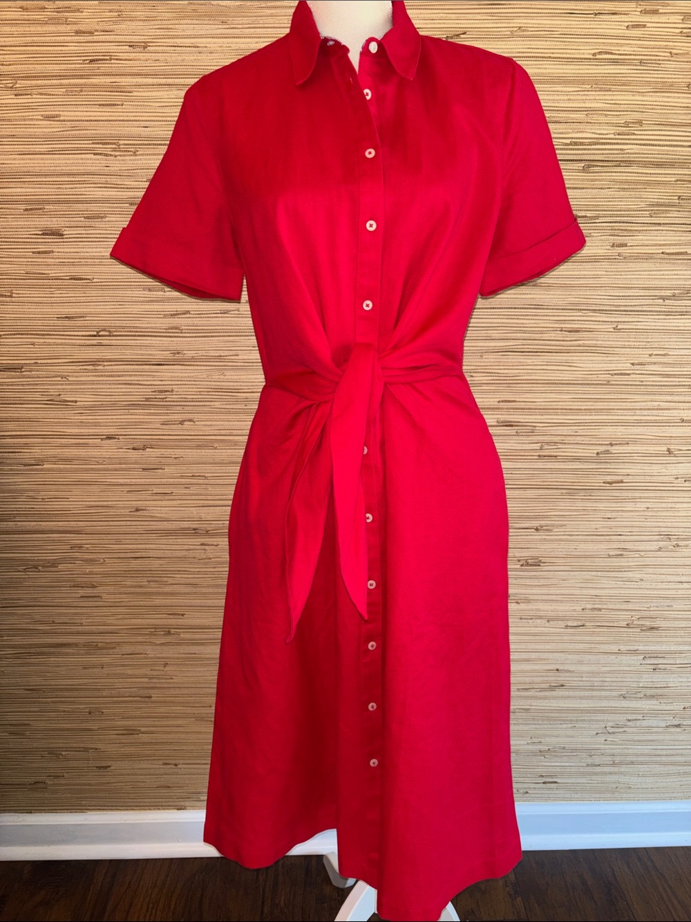 Vineyard vines linen Red Button Front Tie-Waist Shirt Dress Women size 10 EUC!